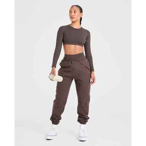 Haut court marron à manches longues pour femme, col rond, couleur unie, pull respirant, haut de sport - Product Image 6