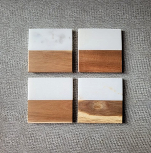 Posavasos Artesanales de Madera de Acacia y Mármol Blanco - Grabados con Láser, Juego de 4, Simply Perfect Design LLC - Product Image 2