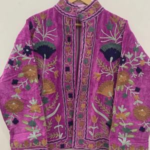 Purple Suzani Embroidery <b>Velvet</b> <b>Jacket</b> Vintage Boho Coat Unisex Winter <b>Jacket</b> Ethnic Chic Outerwear - Product Image 1
