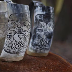 Hand Carved Cute Ox Horn <b>Mug</b> Solid Design Party Hiking Ready Norse Warrior Wooden Base Free Personalization World Craft Impex - Product Image 3