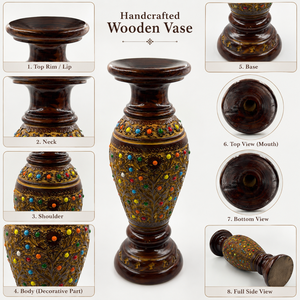 Vase décoratif en bois de rose indien sculpté à la main |   Vase à fleurs en bois floral avec des perles colorées |   Décoration d'intérieur artisanale, cadeau d'appoint - Product Image 4