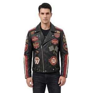 Custom Leather <b>Black</b> Racing <b>Badge</b> Streetwear Vintage Emblem Zip Front Detail <b>Black</b> Moto <b>Badge</b> Styling Jackets - Product Image 6