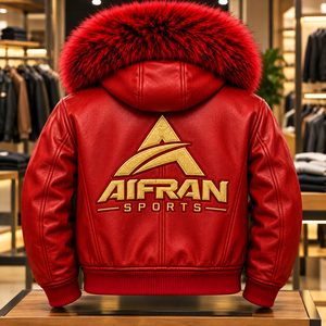 Chaqueta Bomber de Cuero Sintético Roja para Hombre, Gruesa, Cortavientos, con Cierre, Informal, Relleno 100% Fibra de Poliéster, Personalizable en la Parte Delantera - Product Image 2