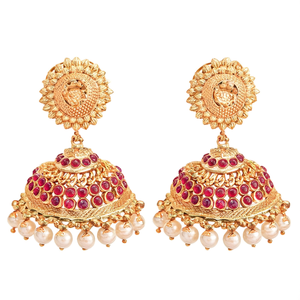 Ruby Embellished Peacock Jhumki Drop Earrings for Party - Product Image 1
