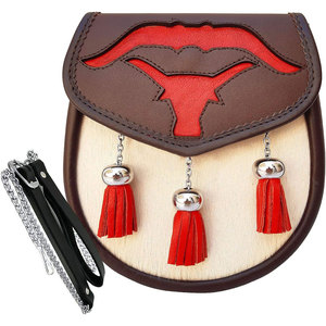 Kilt écossais semi-robe en cuir de vachette Sporran, 100% cuir véritable avec trois pompons en cuir rouge - Product Image 1