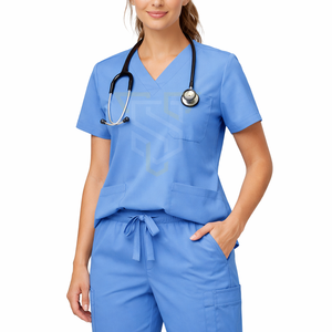 Women's Blue <b>Scrub</b> <b>Set</b> With Drawstring Pants Hospital Uniforms Woven Cotton Polyester Material - Product Image 3