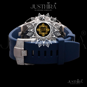 Montre élégante de luxe pour homme, style hip-hop, avec diamants, boîtier en acier inoxydable plaqué argent massif, bracelet en caoutchouc bleu, mouvement à quartz - Product Image 4