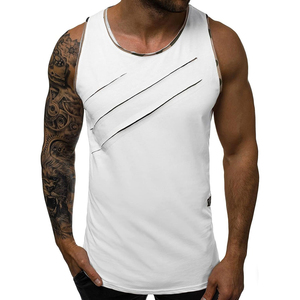 Wholesale Men's Sleeveless Gym Vest Slashed Ripped Chest Detail Athletic Muscle Tank Top Red Contrast Fitness Workout Tank Tops - Product Image 6