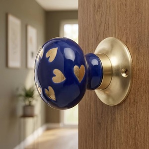 Pomo de Puerta de Porcelana Azul con Corazones Dorados, Tirador Redondo de Estilo Moderno para Cajones de Cocina y Muebles de Bar - Product Image 1