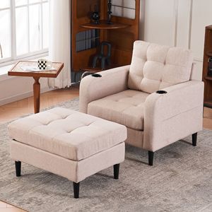 Set Poltrona Singola Imbottita Beige con Poggiapiedi Contenitore e Portabicchieri, Dettagli Trapuntati per il Comfort del Soggiorno - Product Image 1
