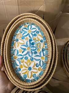 Heritage Craft Rattan Serving Tray with Intricate Mother of Pearl Shell Mosaic Handwoven <b>Frame</b> Decorative Artisan Tray Display - Product Image 2