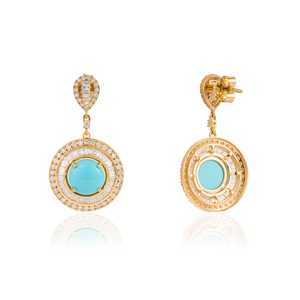 Pendientes de Oro Amarillo de 14K con Turquesa de Corte Cabujón y Doble Halo de Diamantes, Joyería de Boda para Mujer, Más Vendidos - Product Image 5