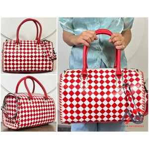Premium Red & White Checkered Pattern Genuine <b>Leather</b> Travel Duffel Bags Designer Crossbody Large Capacity Travel Weekender Bags - Product Image 1