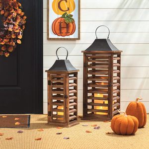 Shutter Style Farmhouse Wood Metal Candle <b>Lanterns</b> Tall Vintage Decorative Candle Holders <b>Set</b> of 2 Candle <b>Lantern</b> - Product Image 1