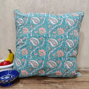 Real Hand Block Printed Pistachio Sky Blue Feuille Home 100% Cotton Slub Anti-Dust Mite Anti-Bacteria <b>Cushion</b> Cover Front <b>Back</b> - Product Image 1