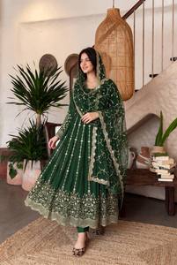 Designer Green Anarkali Gown for Women with Heavy Embroidery and Dupatta Traditional Festive Wedding <b>Party</b> Wear - Product Image 1