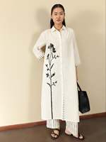 Robe midi noire à fleurs, manches 3/4, boutonnée devant, col mandarin, coupe évasée, décontractée, pour tous les jours, belle robe élégante pour femmes