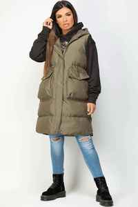 Gilet long matelassé à capuche pour femme, couleur unie, vêtement d'hiver, rembourrage en polyester, fermeture éclair épaisse, poches - Product Image 5