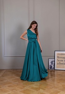 Vestido largo de satén verde azulado para mujer, sin mangas, con un hombro descubierto, abertura alta, lazo en la cintura, elegante, para fiesta de noche, boda, invitada, formal - Product Image 2