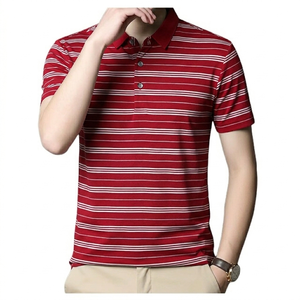 Camisa Polo Casual de Manga Corta para Hombre, con Rayas, Antiarrugas, Transpirable, 100% Algodón, Estampado Digital, con Botones, para Otoño - Product Image 1