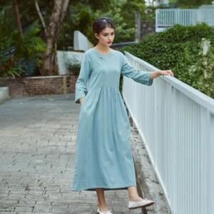 Robe midi vintage en lin biologique 100 % coton pour femme, taille haute, coupe ample, manches courtes, tenue d'été personnalisée, grandes tailles - Product Image 2