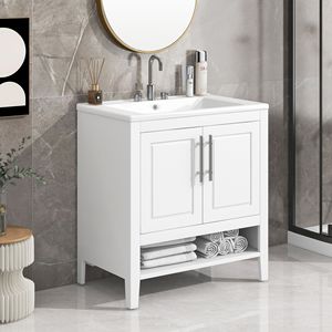 Mobile Bagno Multifunzionale Bianco da 30 Pollici con Lavabo, Struttura Solida in MDF, Ante e Cassetti - Product Image 3