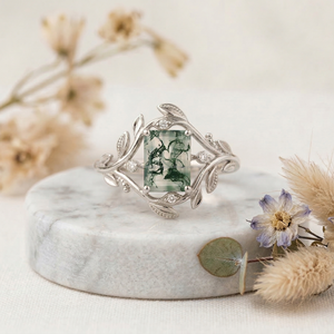 Anillo de Ágata Musgo Esmeralda con Halo Oculto DEF VVS, Joyería Nupcial de Lujo Inspirada en Hojas, Regalo de Compromiso, Éxito de Ventas 2026 - Product Image 1