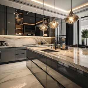 CBMmart Gris brillant personnalisé - Panneau de porte en verre sans poignée avec éclairage LED intégré et grands plateaux en marbre cascade - Product Image 2