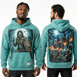 Sudadera con capucha azul verdoso vintage con gráfico de astrónomo zombi y telescopio espacial para hombre, estilo oversize, lavado ácido, streetwear, proveedor personalizado - Product Image 4