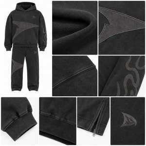 <b>Boys</b> Black Hooded Tracksuit Set Geometric Applique Design Full Length Sweatshirt And Pants Streetwear Style - Product Image 6