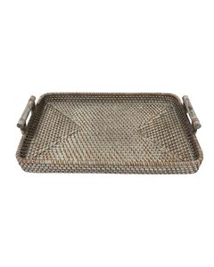 Ensemble de 2 plateaux décoratifs rectangulaires tendance en fibres végétales, style rustique, artisanat en bambou et rotin avec poignée - Product Image 3