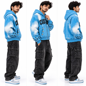 Sweat à capuche unisexe personnalisé vintage délavé à l'acide avec strass imprimés par pulvérisation, fermeture éclair, coupe oversize, en molleton épais, fournisseur ODM OEM - Product Image 3