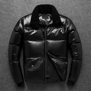 Blouson aviateur en cuir véritable pour homme, doublure polyester, coupe-vent, hiver, toile écologique, style motard, coupe classique - Product Image 2