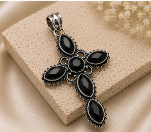 Natural Black Onyx Cross Pendant, Sterling <b>Silver</b> Cross Necklace, Faceted Black Onyx Jewelry, Gothic Cross Pendant, Religious Gi - Product Image 3