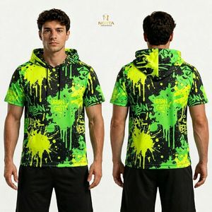 Neon Green Splatter Sublimation Polyester Hooded Half Sleeve Shirt Mens <b>Paint</b> Effect Breathable Quick Dry Athletic Shirts - Product Image 1