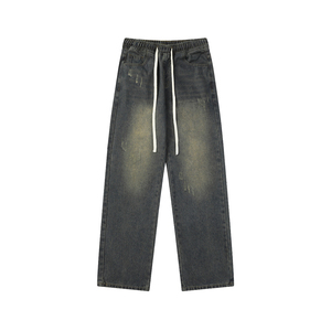 ARZINEN INDUSTRY Jean en denim ample à jambe large pour homme, taille mi-haute, délavage neige, vintage, 100% coton, tissé uni, coupe-vent et imperméable - Product Image 2