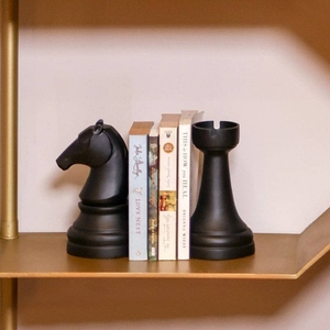 Modern design cast aluminum knight and rook chess bookend set black <b>matte</b> finish decorative book holder classic chess piece - Product Image 2