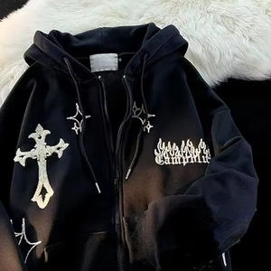 <b>Gothic</b> Zip-Up Front <b>Hoodie</b> Men Oversized 100% Cotton DIY Embroidered Cross Design Breathable Casual Streetwear Winter Sweatshirt - Product Image 3