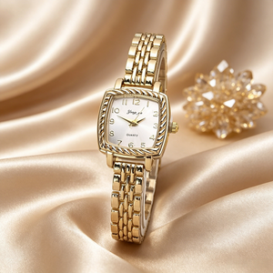 Reloj de Pulsera Cuadrado Dorado para Mujer, Estilo Vintage, Bisel Trenzado, Esfera Negra, Correa de Acero Inoxidable, Reloj de Cuarzo para Dama, Regalo - Product Image 1