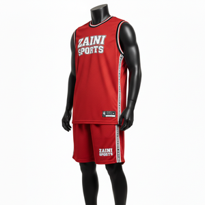 Conjunto de pantalones cortos y camiseta de baloncesto para hombre, tela de malla de poliéster transpirable, panel lateral rojo, logotipo personalizado por transferencia térmica, conjunto de pantalones cortos para hombre - Product Image 4