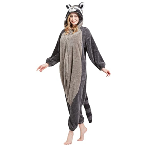 Pijama enterizo de lote de felpa suave con capucha y estampado de animal, diseño de mapache, para mujer, ideal para invierno - Product Image 1