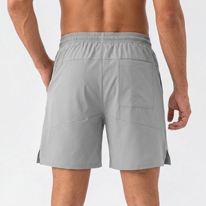 Pantalones Cortos Deportivos Personalizados para Hombre, Color Gris Claro, Cintura Elástica, Cordón Negro, para Gimnasio y Running, con Detalle de Paneles Cosidos - Product Image 2