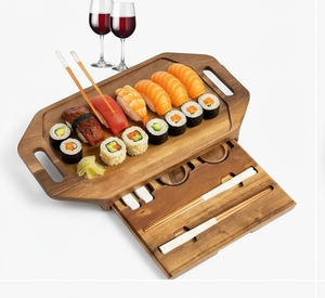 Plateau de service rectangulaire en bois pour sushis, présentoir alimentaire avec tiroir à baguettes, multifonctionnel pour cuisine, maison, restaurant, fête - Product Image 1