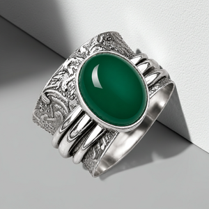JewelryTownIN Natural Green Onyx Spinner <b>Ring</b> Vintage Wide Band Silver Plated Bohemian Jewelry for Party Occasions - Product Image 4