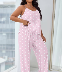 Women Pink Polka Dot Sleeveless Spaghetti Strap Pajama Set Knitted Soft Elastic Waist Full Length Sleepwear Casual Summer Wear - Product Image 1