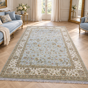 Alfombra Floral de Lujo Anudada a Mano, Color Marfil Azul, Alfombra Oriental Tradicional de Lana y Seda, Hecha a Mano y Personalizada - Product Image 1