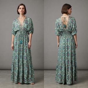 Boho Maxi <b>Dress</b> <b>Women</b> V Neck Puff Sleeve Elastic Waist Backless Ruffle Tiered Floral Summer <b>Dress</b> - Product Image 6
