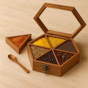 Unique Gift Square <b>Wooden</b> Spice <b>Box</b> 7 Partitions Spoon Container Dishwasher Safe Kitchen Masala <b>Box</b> Multipurpose Decorative <b>Box</b> - Product Image 1