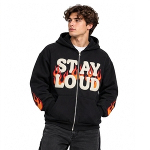 Thick Warm Pure Cotton <b>Fleece</b> Hoodie <b>Men</b> <b>Black</b> Sleeve Graphic Drop Shoulder Comfortable Baggy Fit Casual Zip Hoodies - Product Image 1