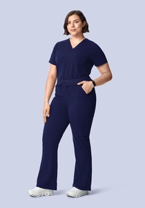Conjunto de uniforme médico azul marino para mujer, de poliéster y rayón, con top de punto con cuello en V y pantalones con cordón, sin costuras, apto para detección de agujas - Product Image 3
